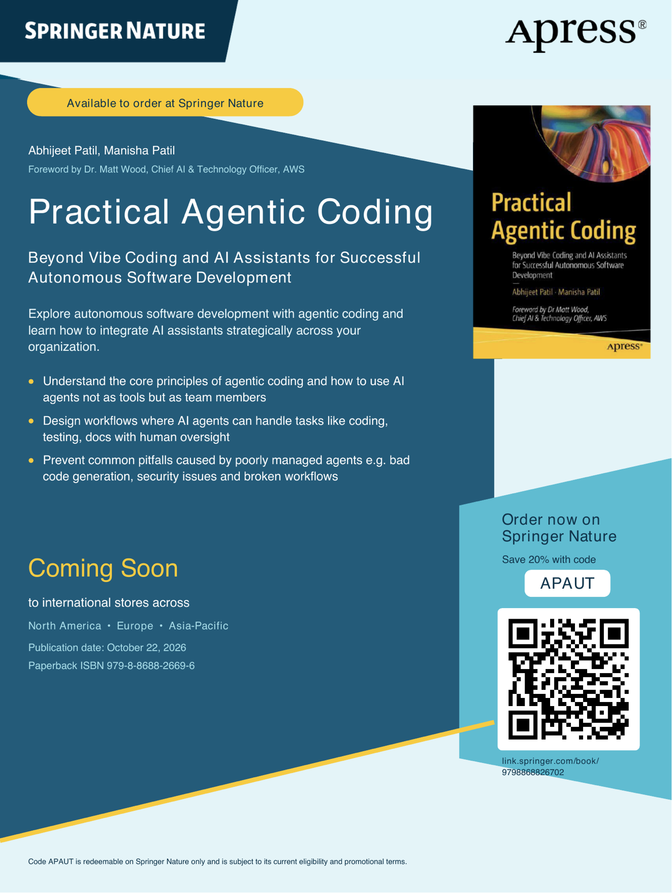 Practical Agentic Coding flyer showing Springer Nature ordering details, international store availability, and the APAUT discount code